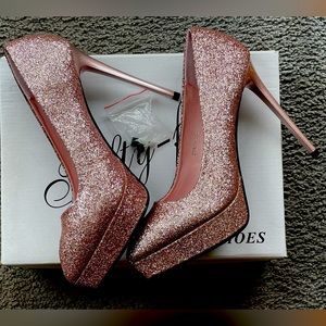 NIB NO 55 GLITTER PINK PLATFORM HEELS! Size EU 39, ~US 8.5. W/extra heel tabs!
